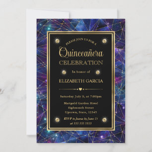 Invitación Quinceañera Galaxia Cristal Medianoche Púrpura y D