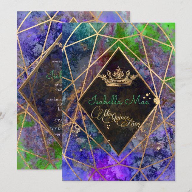 Invitación Quinceañera/galaxia/púrpura neón/princesa/corona (Anverso / Reverso)