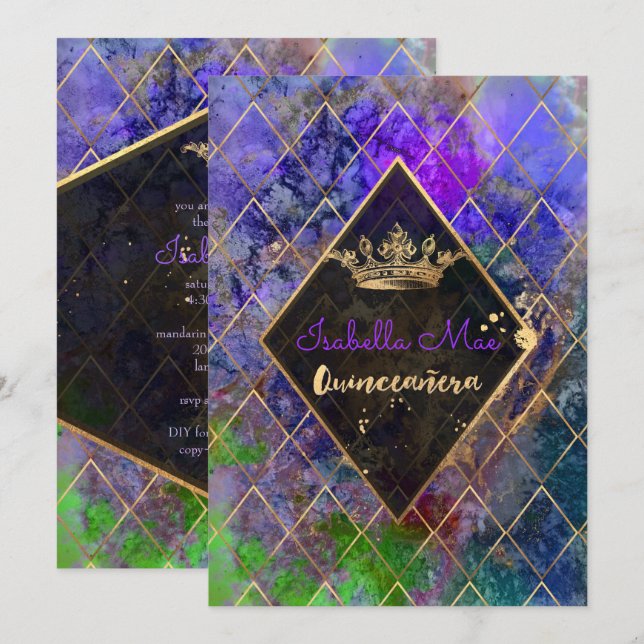 Invitación Quinceañera/galaxia/púrpura neón/princesa/corona (Anverso / Reverso)
