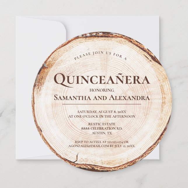 Invitación Quinceañera Gemelas Rústicas Granos de Madera 15 a (Anverso)