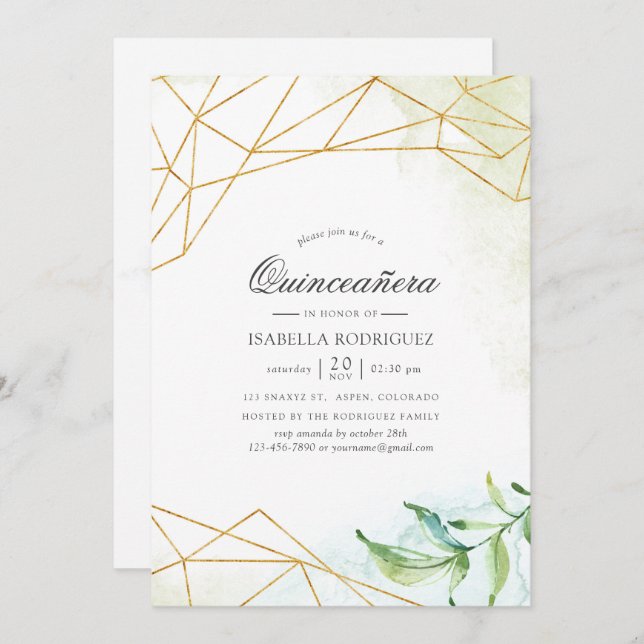 Invitación Quinceañera geométrica de acuarela de cristal (Anverso / Reverso)