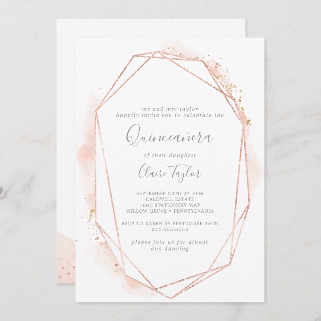 Invitación Quinceañera geométrica de acuarela de oro Rosa (Anverso / Reverso)