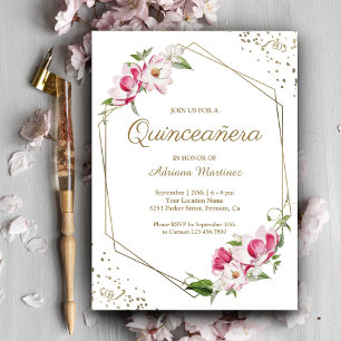 Invitación Quinceañera Geométrica de Marco Dorado Floral Rosa