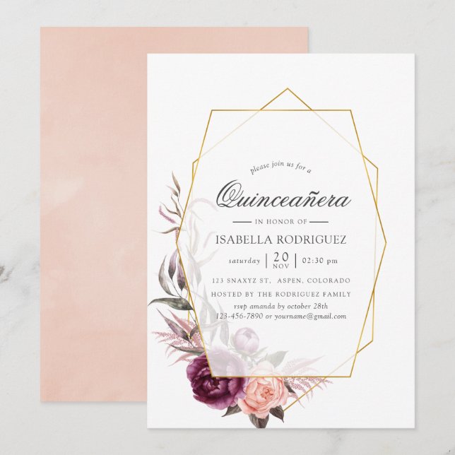 Invitación Quinceañera geométrica floral de ciruela y Rubor (Anverso / Reverso)