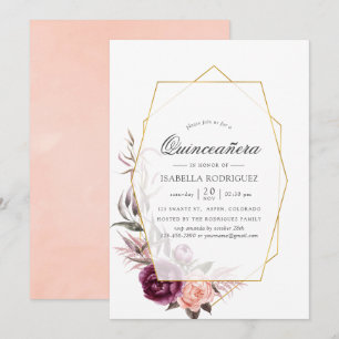 Invitación Quinceañera geométrica floral de ciruela y Rubor