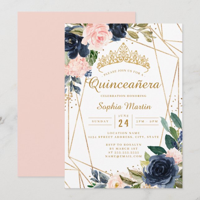 Invitación Quinceanera geométrica floral de la marina de oro  (Anverso / Reverso)