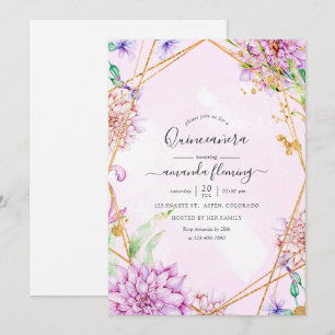 Invitación Quinceañera geométrica floral púrpura y dorada