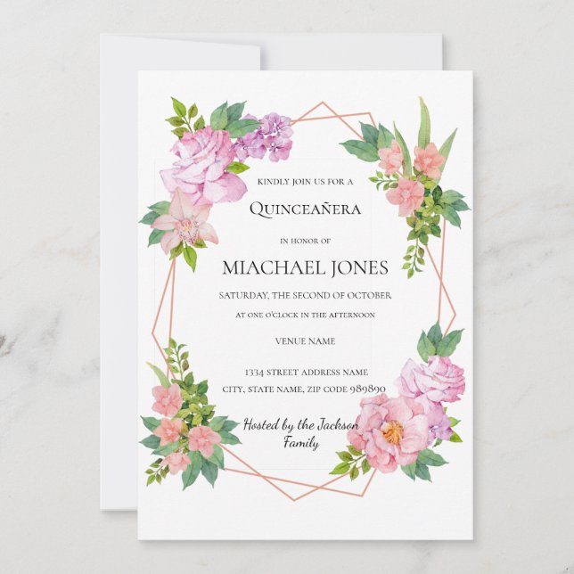 Invitación Quinceanera geométrica floral Rubor Gold (Anverso)