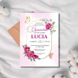 Invitación Quinceañera Geométrica Rosa Fuchsia Floral Gold