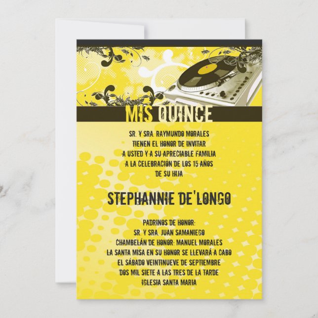 Invitación Quinceanera girable para DJ amarillo la (Anverso)