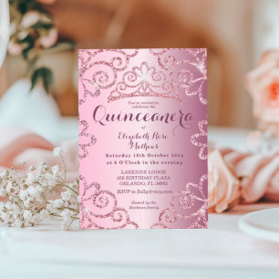 Invitación Quinceanera Girly Purpurina Rubor Nacimiento Rosad