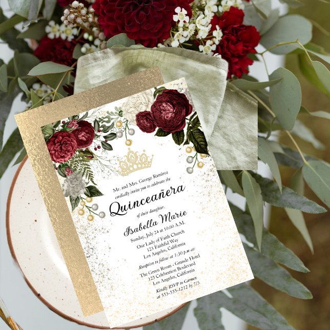Invitación Quinceañera Glam Burgundy Rosa Floral Cumpleaños (Subido por el creador)