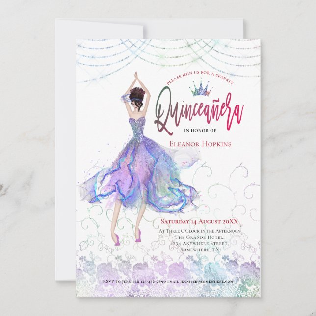 Invitación Quinceanera Glam Lilac Blue Dancer String Luces (Anverso)