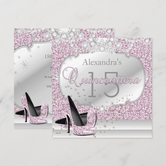 Invitación Quinceanera Glamour Purpurina Rosa 15 Fiesta de cu (Anverso / Reverso)