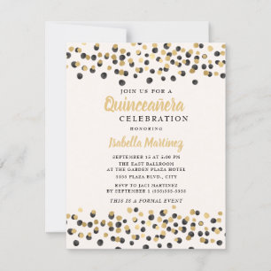 Invitación Quinceañera Glitter de Confeti de Oro Blanco y Neg