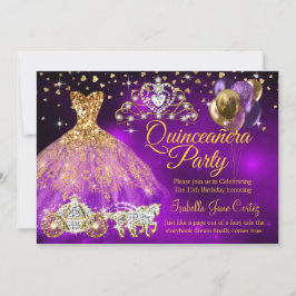 Invitación Quinceañera Globos Morados Vestido Tiara Carruaje