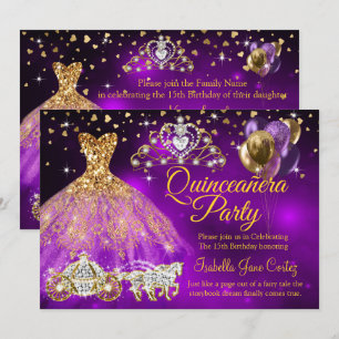 Invitación Quinceañera Globos Morados Vestido Tiara Carruaje