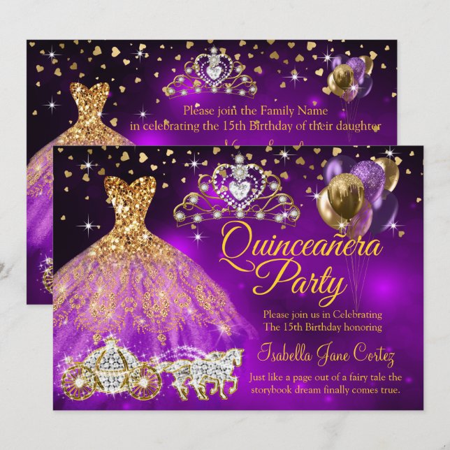 Invitación Quinceanera Globos Púrpura Vestidos de Carrito Tia (Anverso / Reverso)