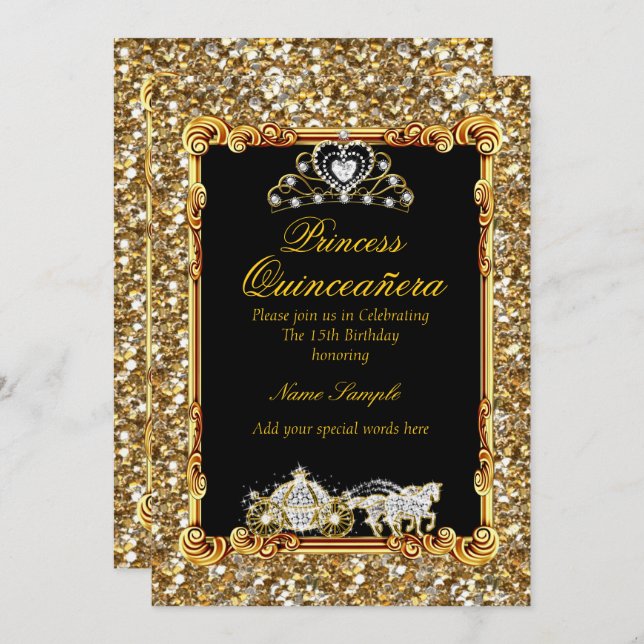 Invitación Quinceanera Gold Black Horse Carrise Fairytale (Anverso / Reverso)