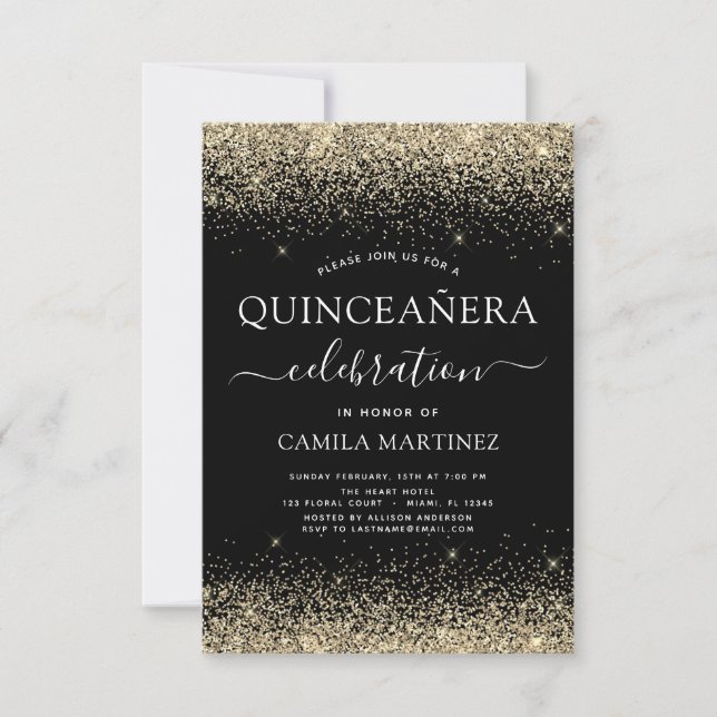 Invitación Quinceanera Gold Black Modern Purpurina Sparkle (Anverso)