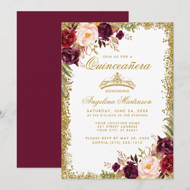 Invitación Quinceanera Gold Burgundy Floral Crown Invite B (Anverso / Reverso)