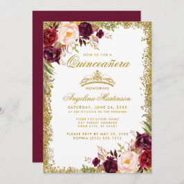 Invitación Quinceanera Gold Burgundy Floral Crown Invite B