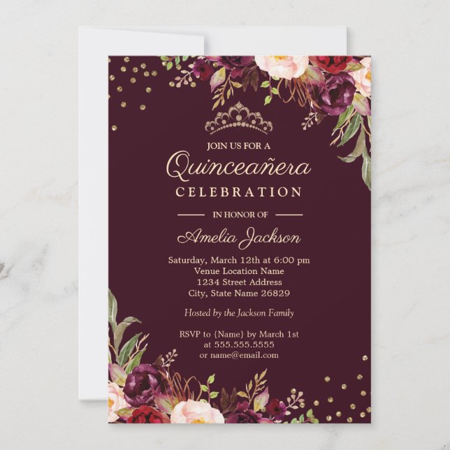 Invitación Quinceanera Gold Burgundy Sparkle (Anverso)