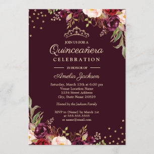 Invitación Quinceanera Gold Burgundy Sparkle