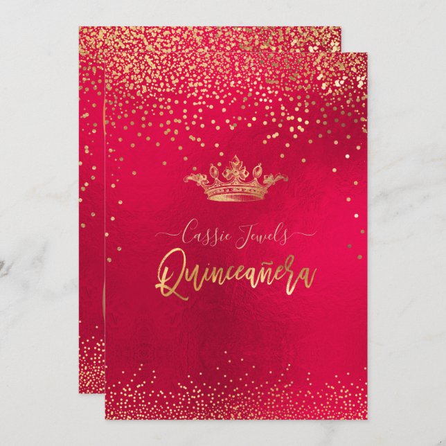 Invitación Quinceanera Gold Confetti+Princesa Corona (Anverso / Reverso)