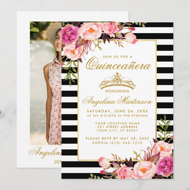 Invitación Quinceanera Gold Crown Pink Floral Strips Foto (Anverso / Reverso)