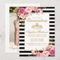 Quinceanera Gold Crown Pink Floral Strips Foto
