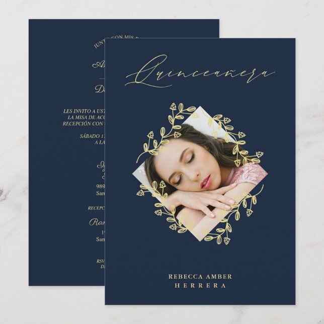 Invitación Quinceañera Gold Diamond Wildflower Navy Photo (Anverso / Reverso)
