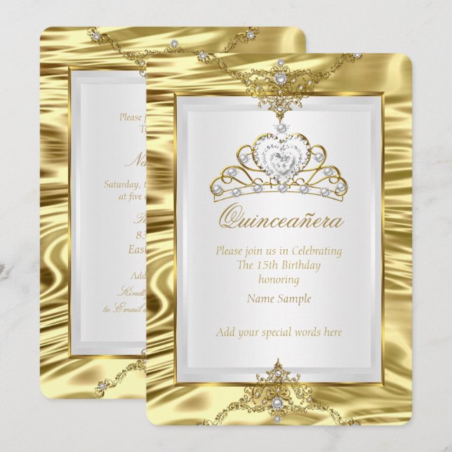 Invitación Quinceanera Gold Faux Relieve metalizado Perla Bla (Anverso / Reverso)
