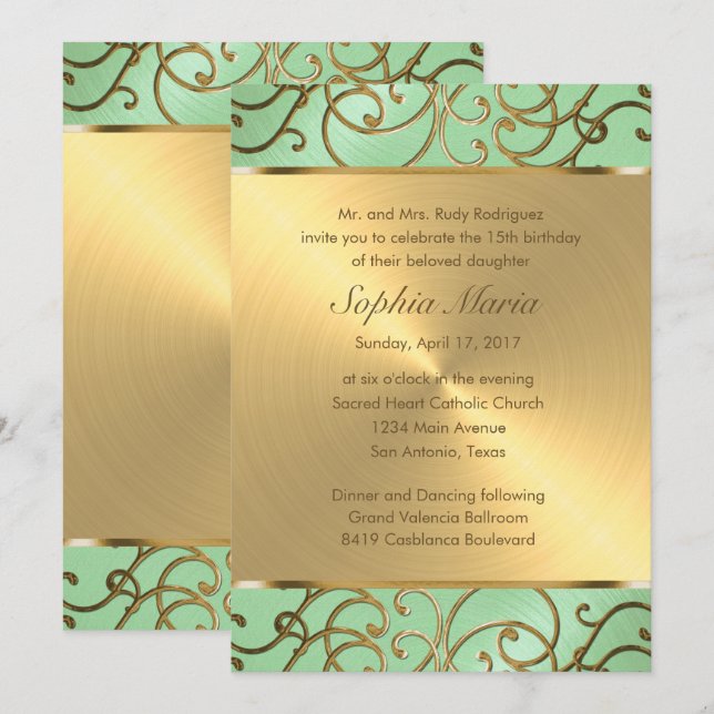 Invitación Quinceañera Gold Filigree Swirls (Anverso / Reverso)