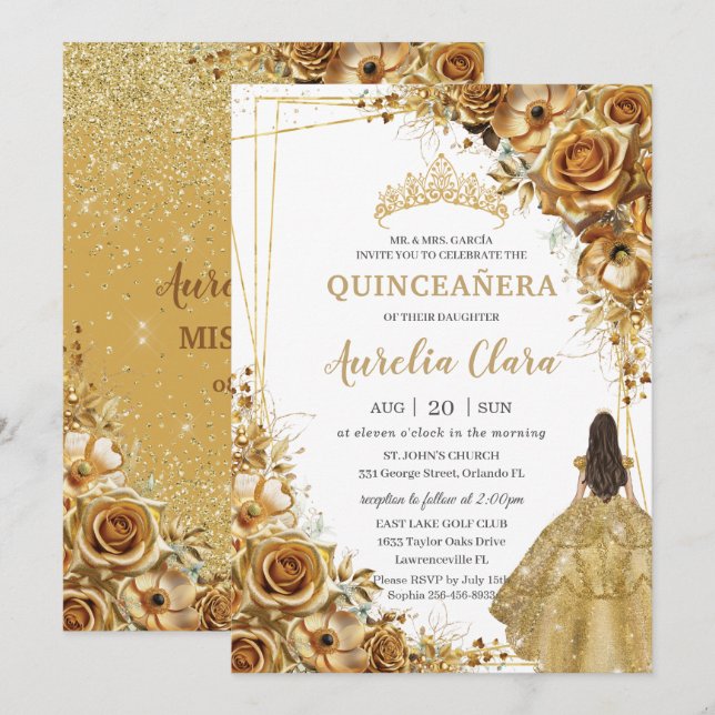 Invitación Quinceañera Gold Flores Flores Princesa Floral Ves (Anverso / Reverso)