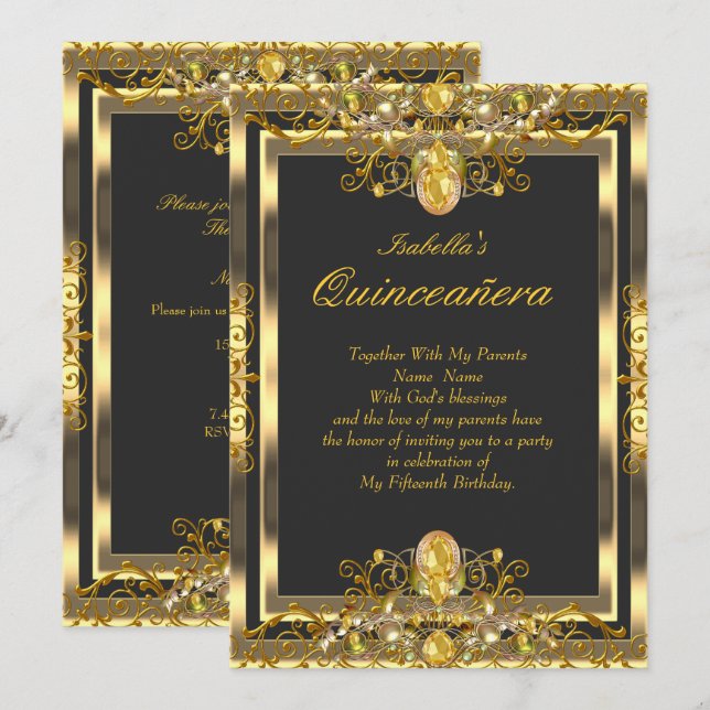 Invitación Quinceanera Gold Gems Black 15 cumpleaños (Anverso / Reverso)