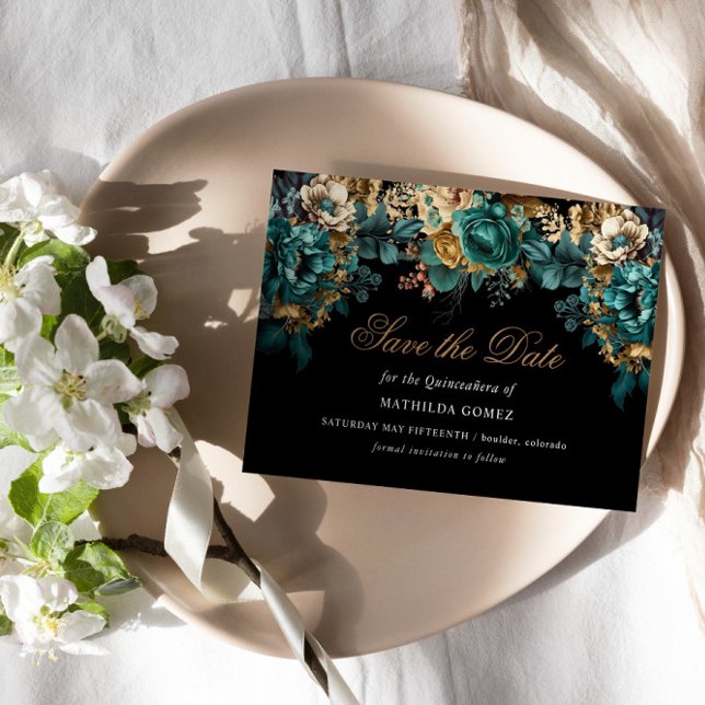 Invitación Quinceañera Gold Green Floral Save The Date (Subido por el creador)