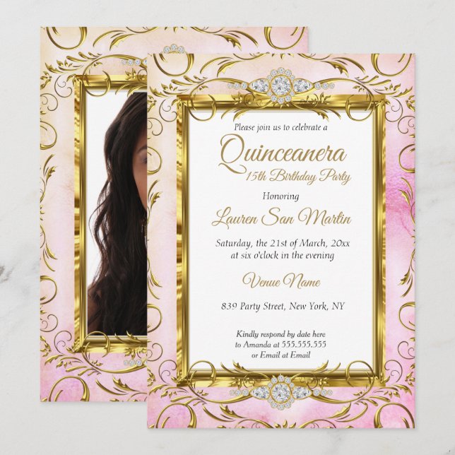 Invitación Quinceanera Gold Pink Diamond Photo Birday Party (Anverso / Reverso)