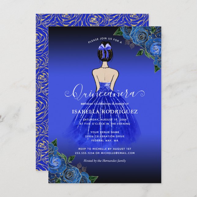 Invitación Quinceañera Gold Princess Blue (Anverso / Reverso)