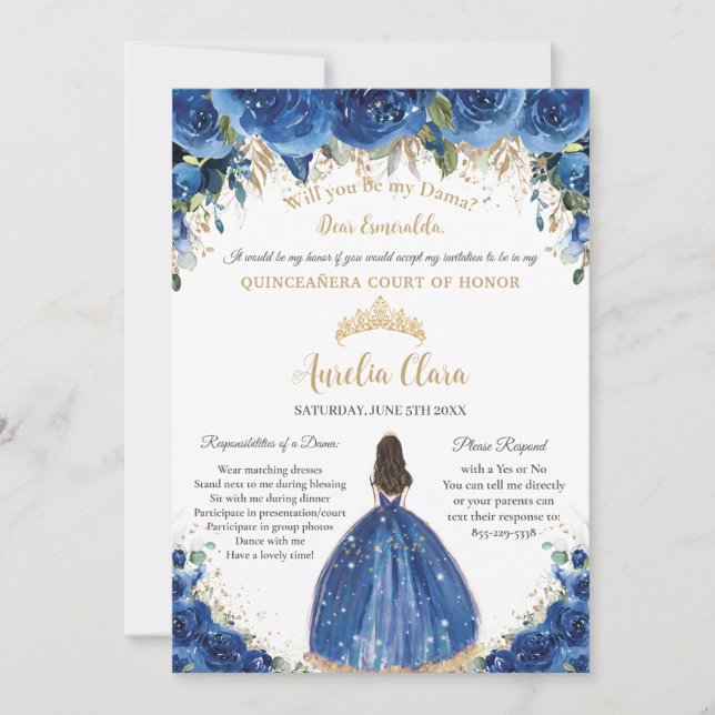 Invitación Quinceañera Gold Royal Floral Dama Request (Anverso)