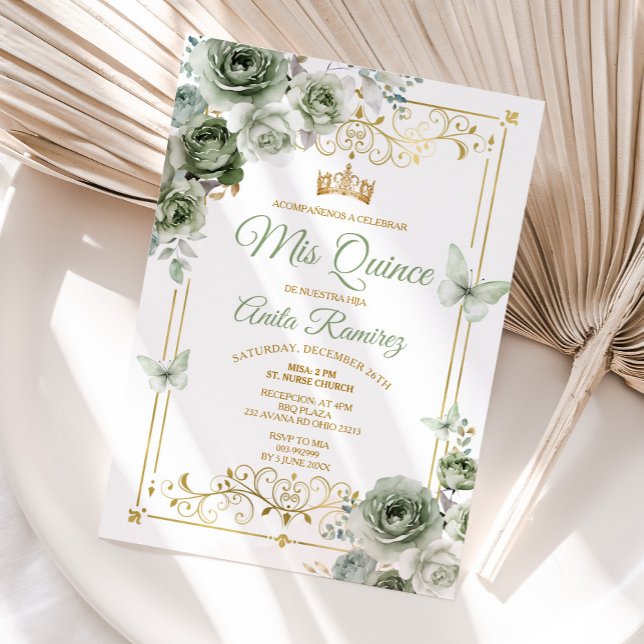 Invitación Quinceañera Gold & Sage Green Butfly (Subido por el creador)