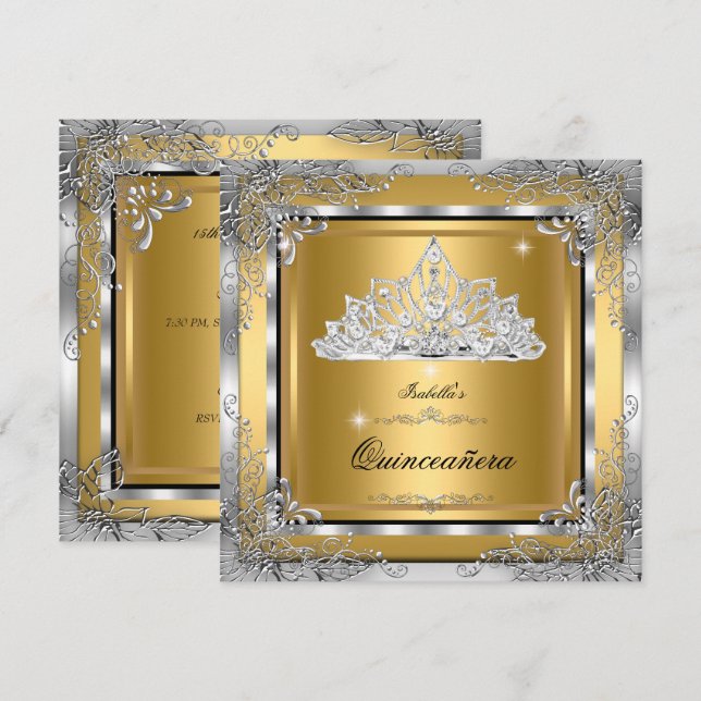 Invitación Quinceanera Gold Silver Diamante Tiara 15º Fiesta (Anverso / Reverso)