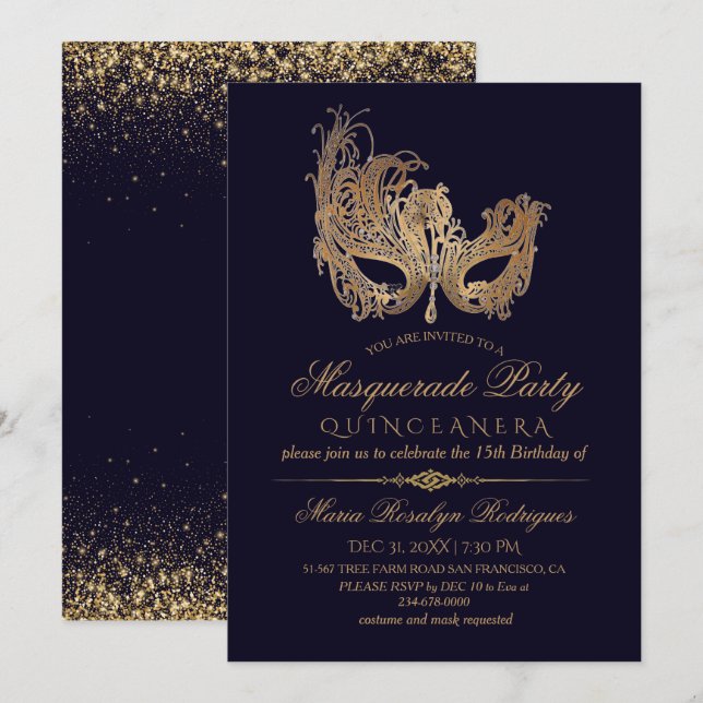 Invitación Quinceanera Gold y Blue (Anverso / Reverso)