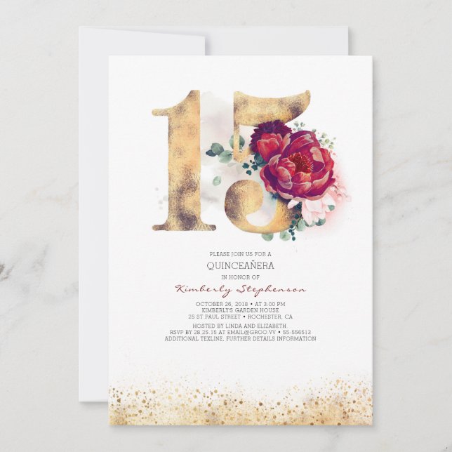 Invitación Quinceanera Gold y Borgoña Rojo 15 cumpleaños (Anverso)