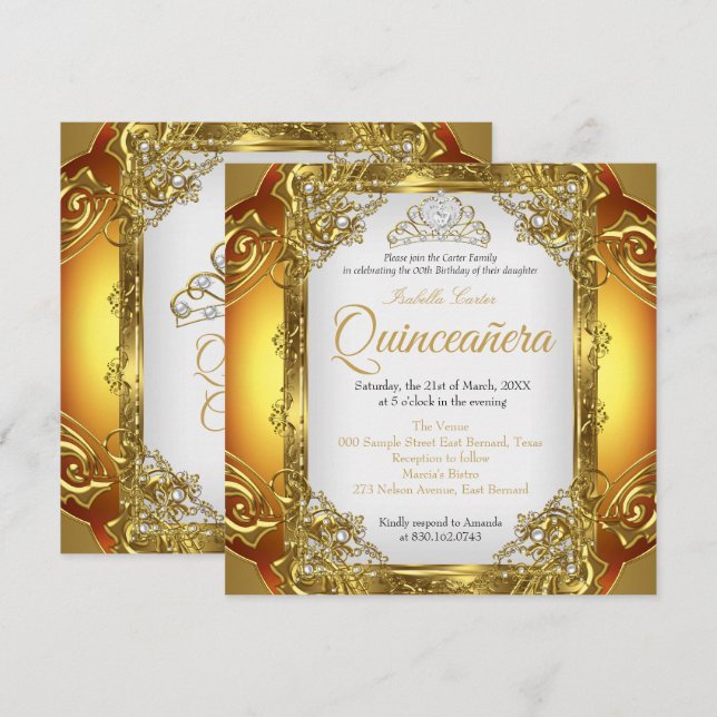 Invitación Quinceanera Golden Pearl Lace Tiara Cumpleaños (Anverso / Reverso)