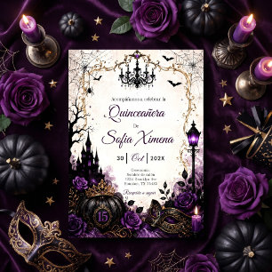 Invitación quinceañera gótica de Halloween púrpura negro
