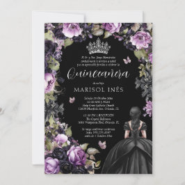Invitación Quinceañera Gótica Morada y Negra con Flores Moody