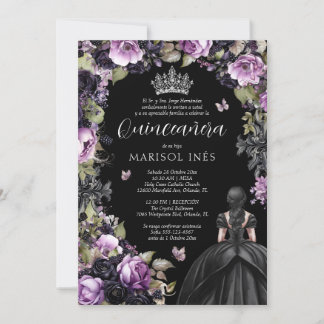 Invitación Quinceañera Gótica Morada y Negra con Flores Moody