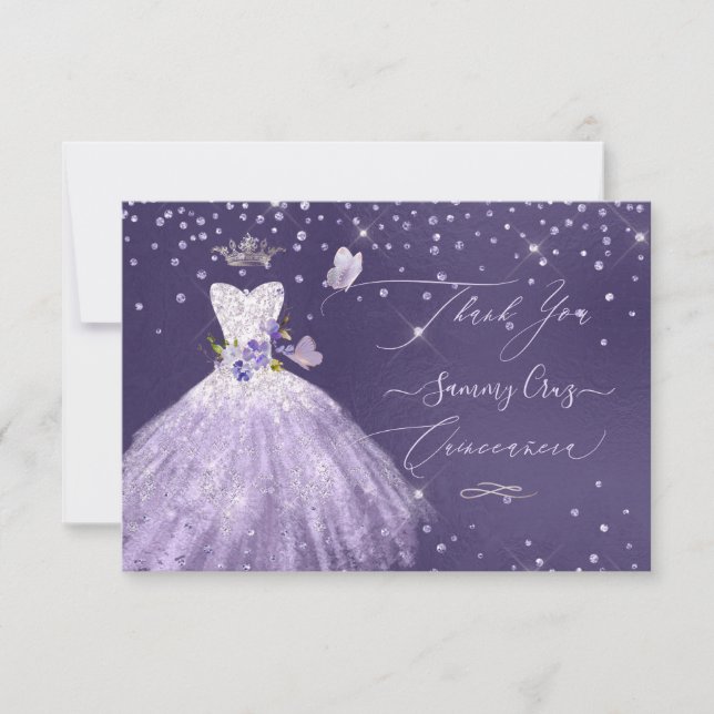 Invitación Quinceanera Gracias Dusty Purple Purpurina Gown (Anverso)