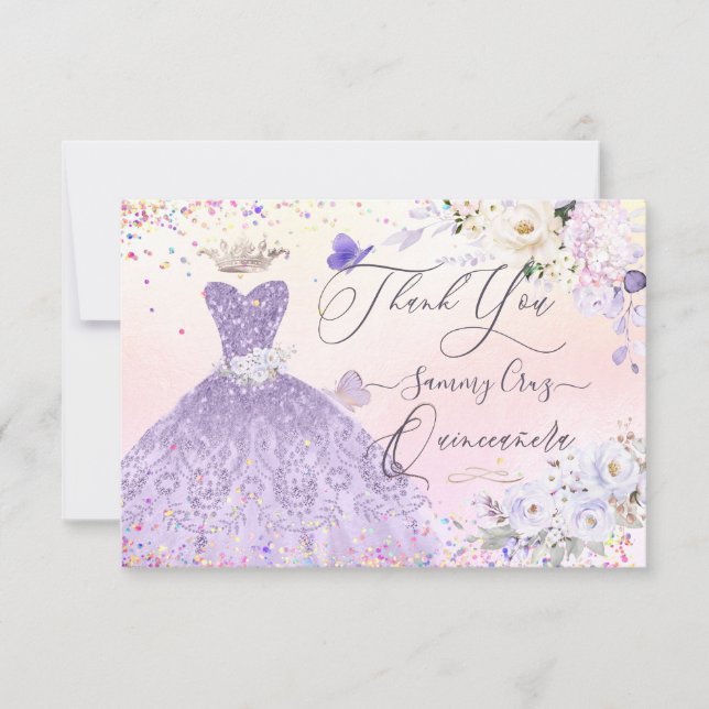 Invitación Quinceanera Gracias Dusty Purple Purpurina Gown (Anverso)